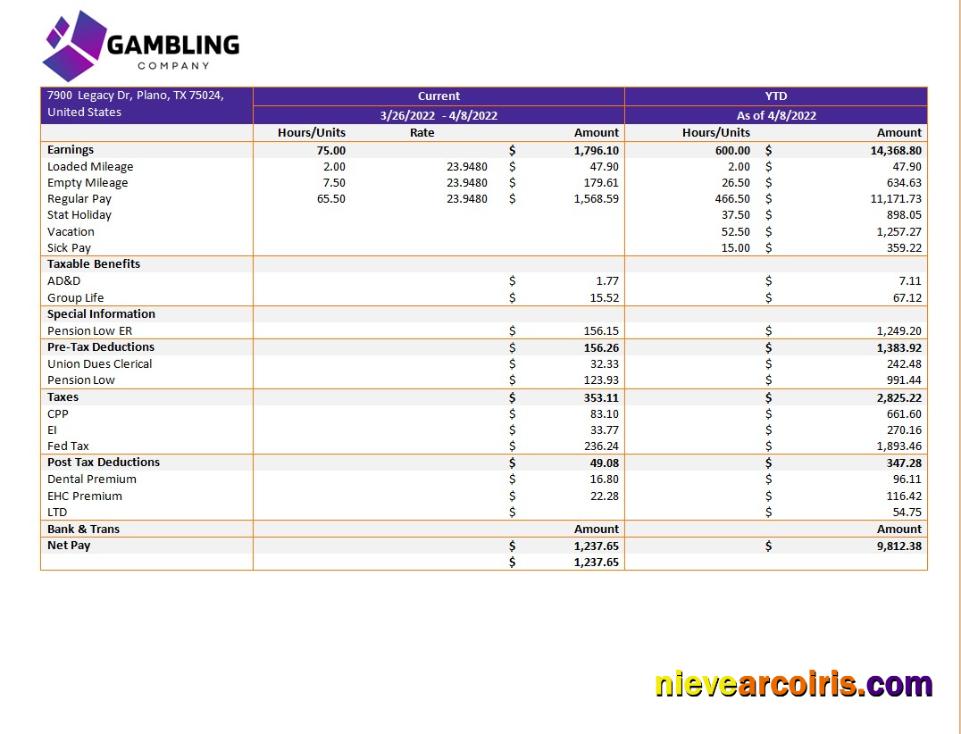 gambling company pay stub